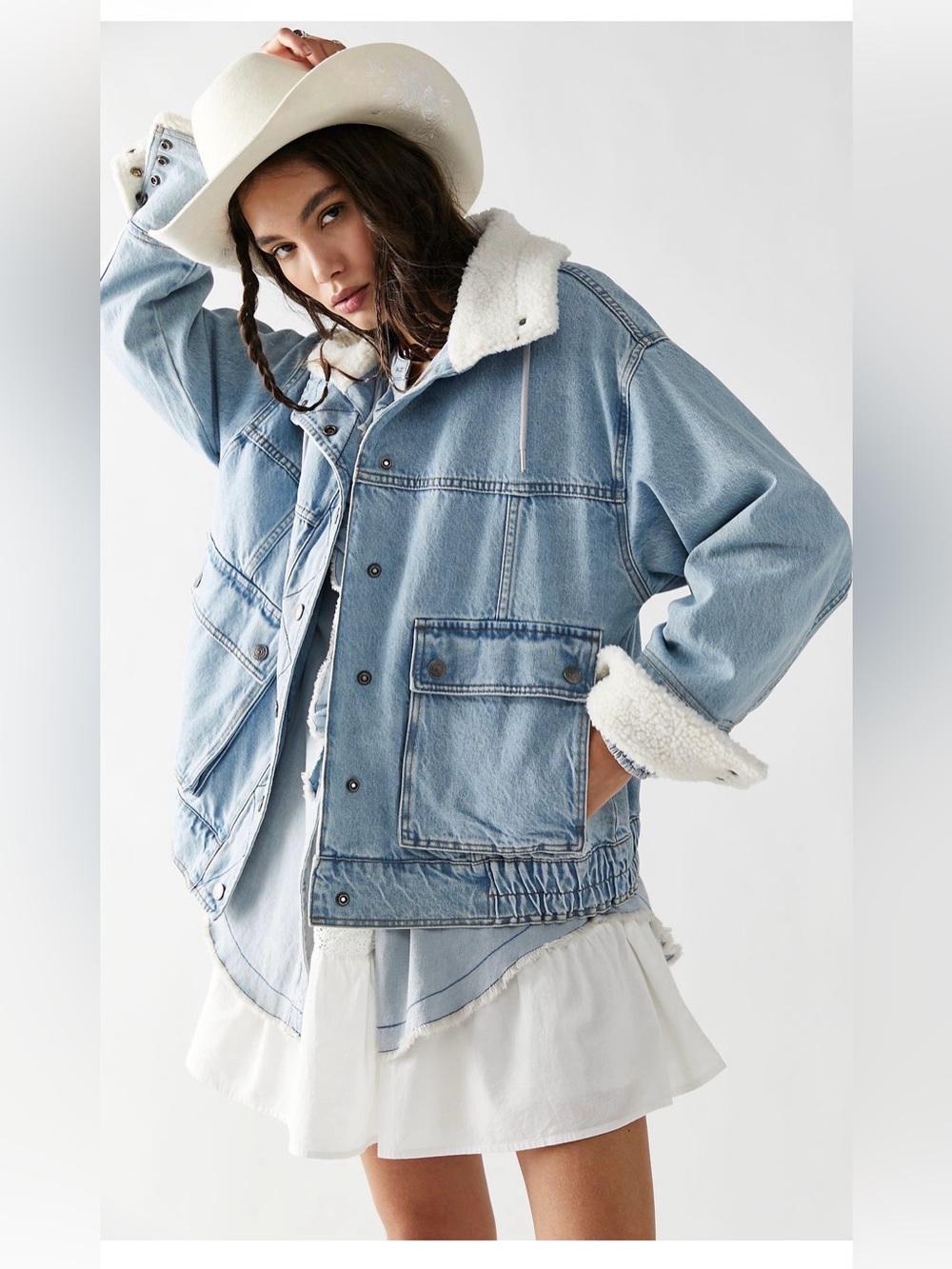 Free People We The Free Ariel Cozy Denim Sherpa Bomber Jacket